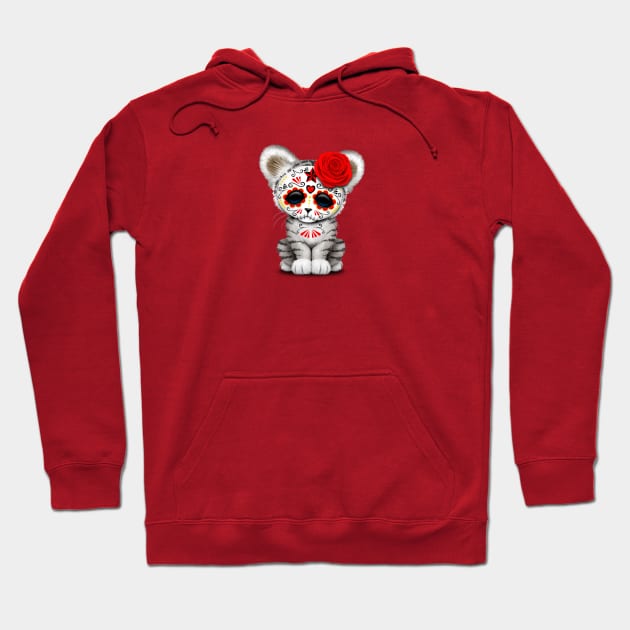 Red Day of the Dead Sugar Skull White Tiger Cub Hoodie by jeffbartels